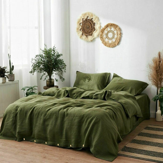Olive Green Bedding Set - 100% Bed Linen - 3pcs and 4pcs - Flat bed sheet / Single (Twin) / 3pcs with buttons - UALinen