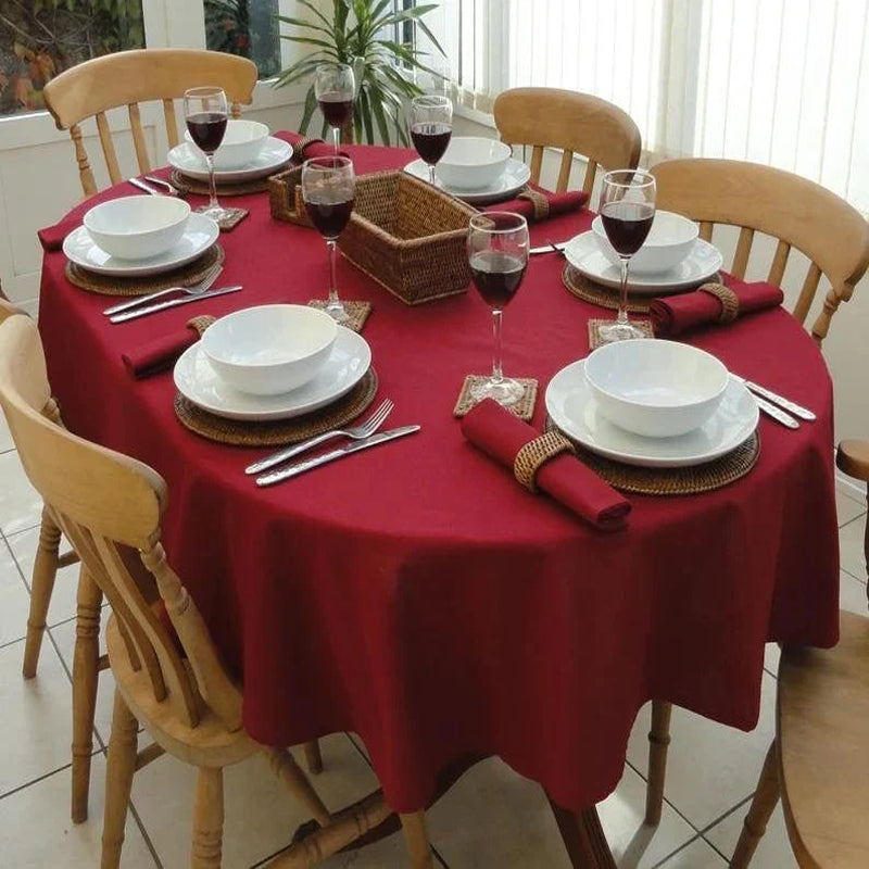 Red wipeable spill resistant Teflon coated cotton tablecloth for round tables - UALinen